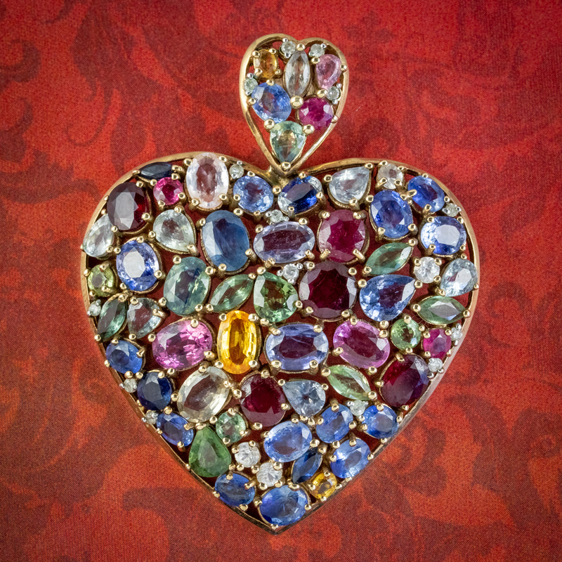 VINTAGE HARLEQUIN HEART PENDANT SAPPHIRE RUBY DIAMOND 9CT GOLD WITH CERT