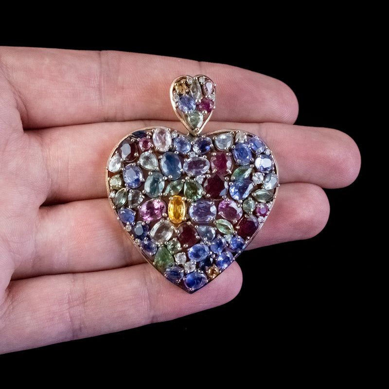 VINTAGE HARLEQUIN HEART PENDANT SAPPHIRE RUBY DIAMOND 9CT GOLD WITH CERT