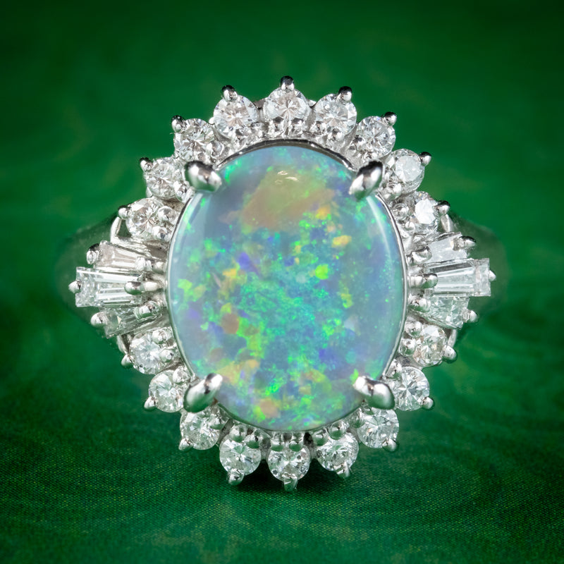 VINTAGE OPAL DIAMOND CLUSTER RING PLATINUM 2.64CT OPAL 0.66CT DIAMOND