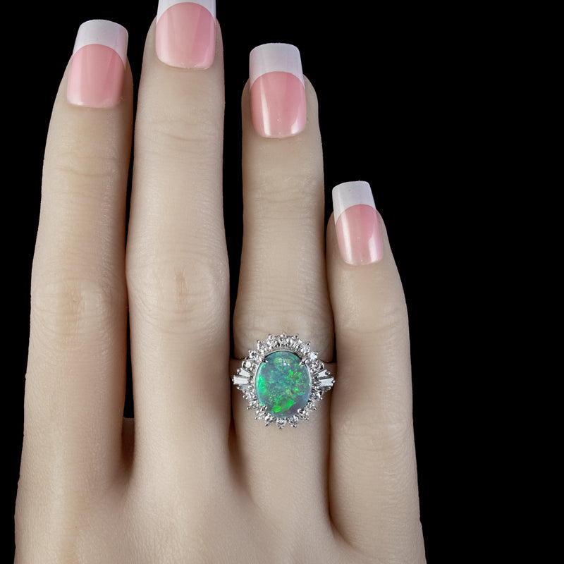VINTAGE OPAL DIAMOND CLUSTER RING PLATINUM 2.64CT OPAL 0.66CT DIAMOND