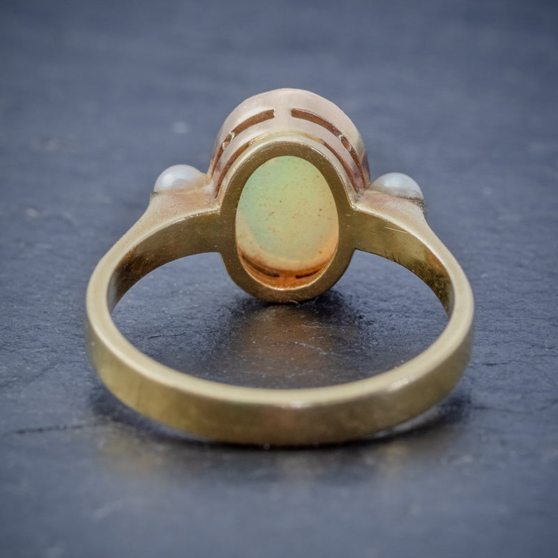 VINTAGE OPAL PEARL TRILOGY RING 18CT GOLD 3CT NATURAL OPAL BACK