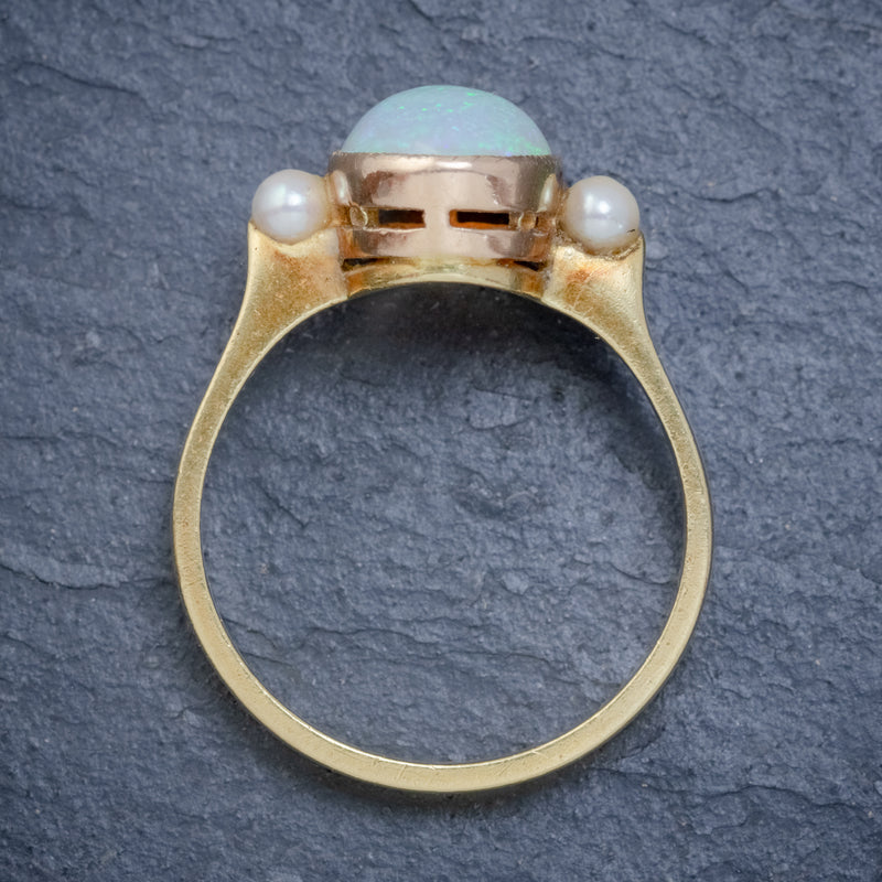 VINTAGE OPAL PEARL TRILOGY RING 18CT GOLD 3CT NATURAL OPAL TOP