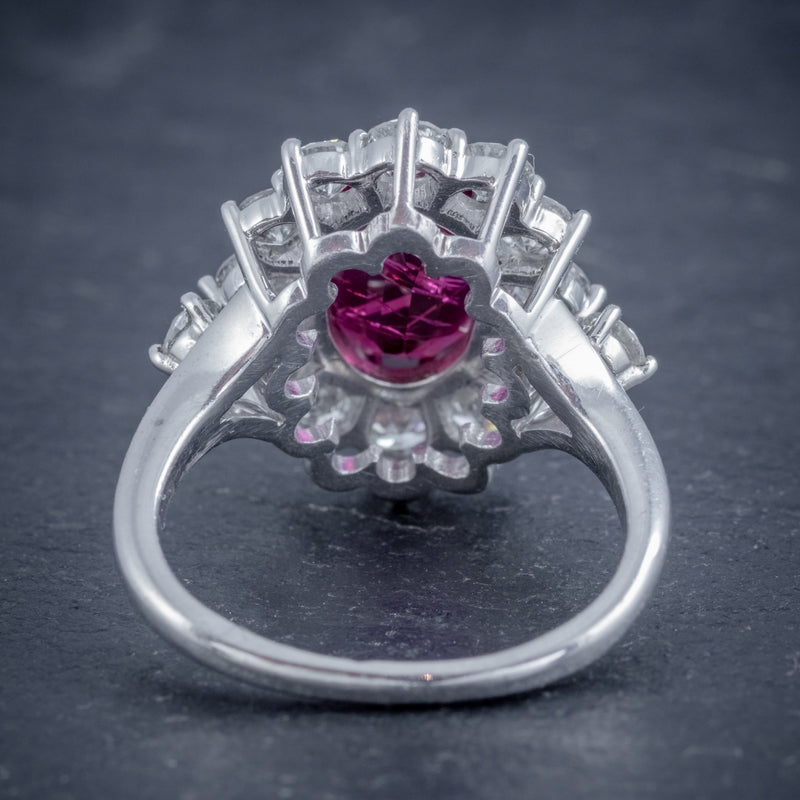 VINTAGE RUBY DIAMOND CLUSTER RING NATURAL 3.20CT RUBY 2.50CT DIAMONDS 18CT WHITE GOLD CERT BACK