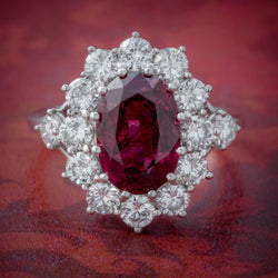 VINTAGE RUBY DIAMOND CLUSTER RING NATURAL 3.20CT RUBY 2.50CT DIAMONDS 18CT WHITE GOLD CERT COVER