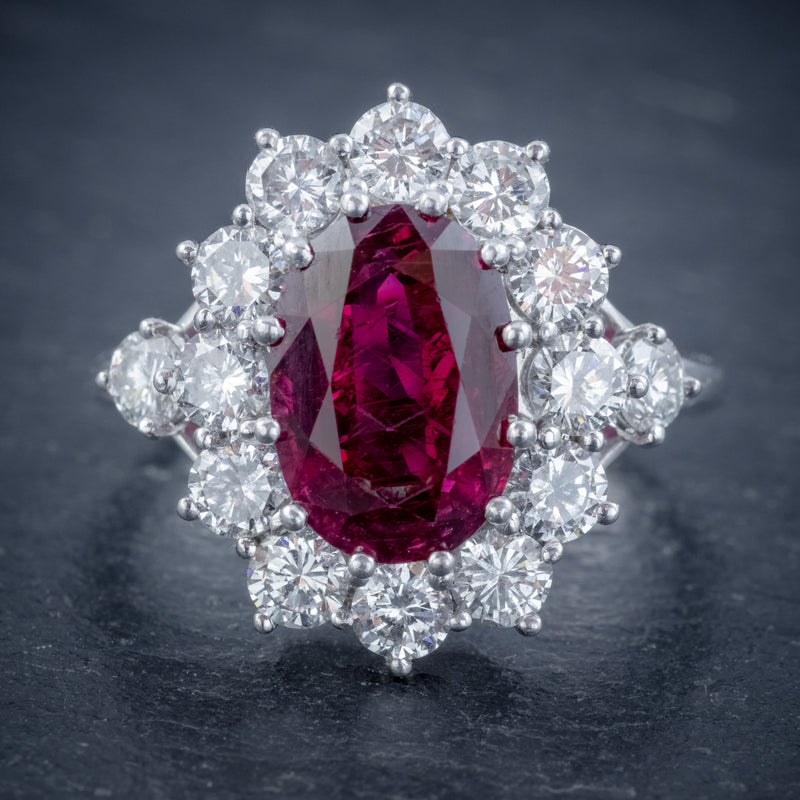VINTAGE RUBY DIAMOND CLUSTER RING NATURAL 3.20CT RUBY 2.50CT DIAMONDS 18CT WHITE GOLD CERT FRONT