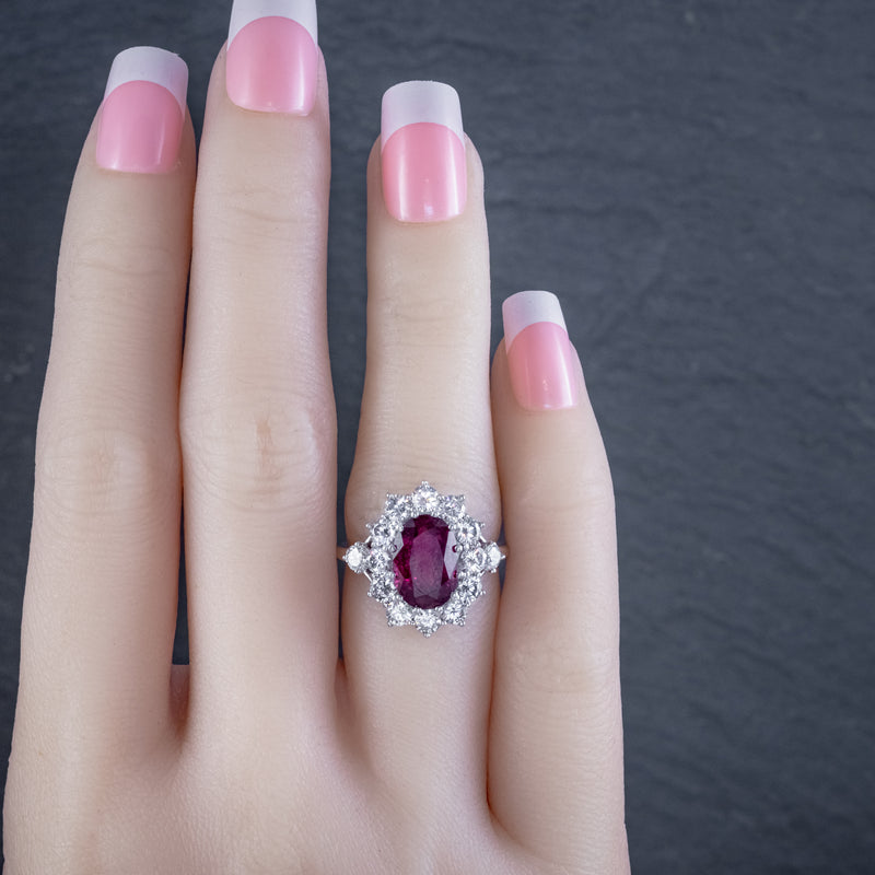 VINTAGE RUBY DIAMOND CLUSTER RING NATURAL 3.20CT RUBY 2.50CT DIAMONDS 18CT WHITE GOLD CERT HAND