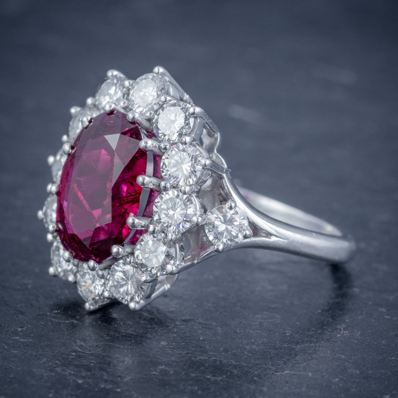 VINTAGE RUBY DIAMOND CLUSTER RING NATURAL 3.20CT RUBY 2.50CT DIAMONDS 18CT WHITE GOLD CERT SIDE