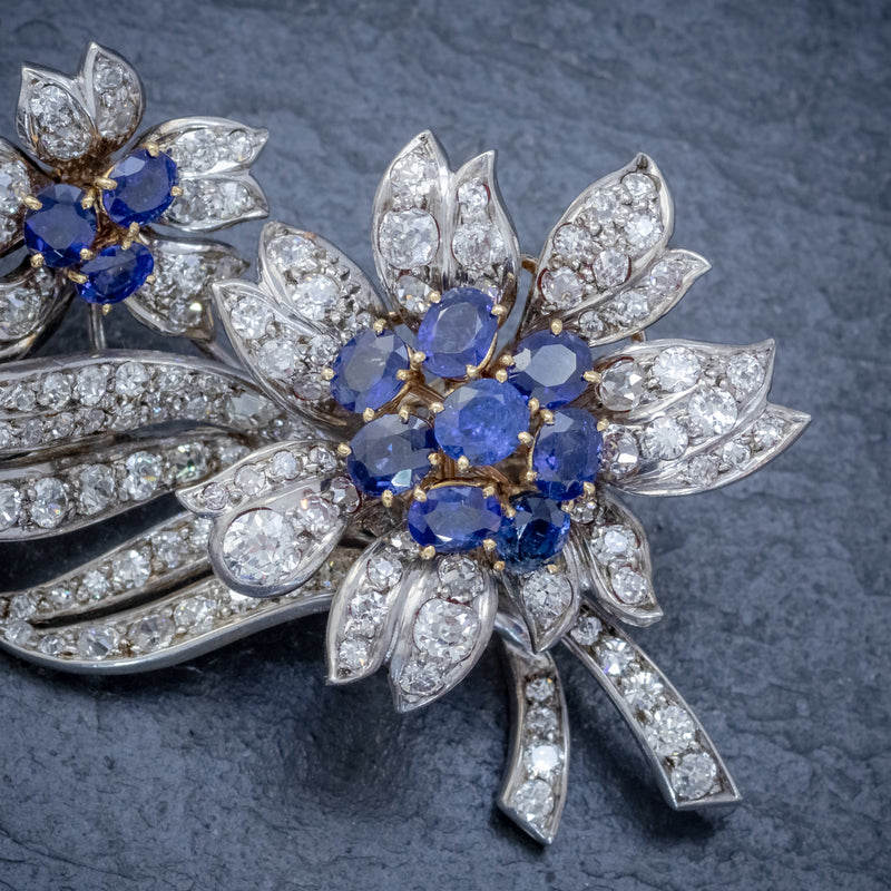 VINTAGE SAPPHIRE DIAMOND SPRAY FLOWER BROOCH 18CT GOLD 4CT OF DIAMONDS CIRCA 1960 CLOSE