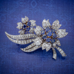 VINTAGE SAPPHIRE DIAMOND SPRAY FLOWER BROOCH 18CT GOLD 4CT OF DIAMONDS CIRCA 1960 COVER