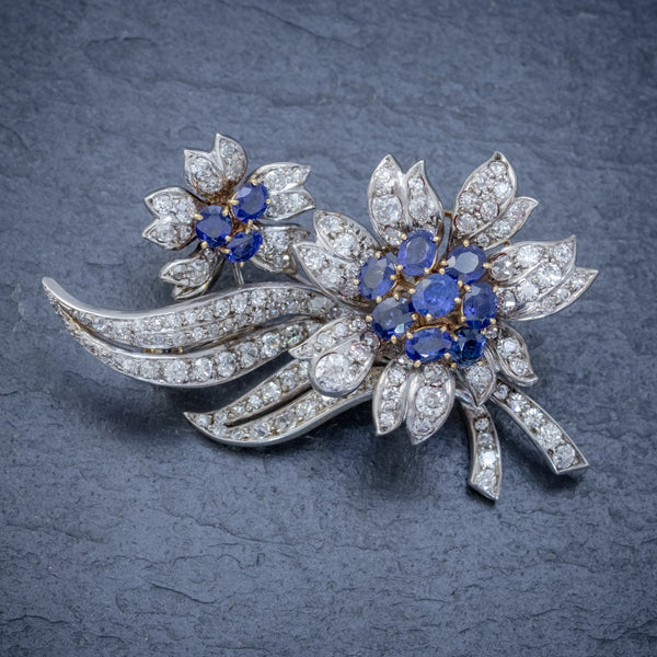 VINTAGE SAPPHIRE DIAMOND SPRAY FLOWER BROOCH 18CT GOLD 4CT OF DIAMONDS CIRCA 1960 FRONT