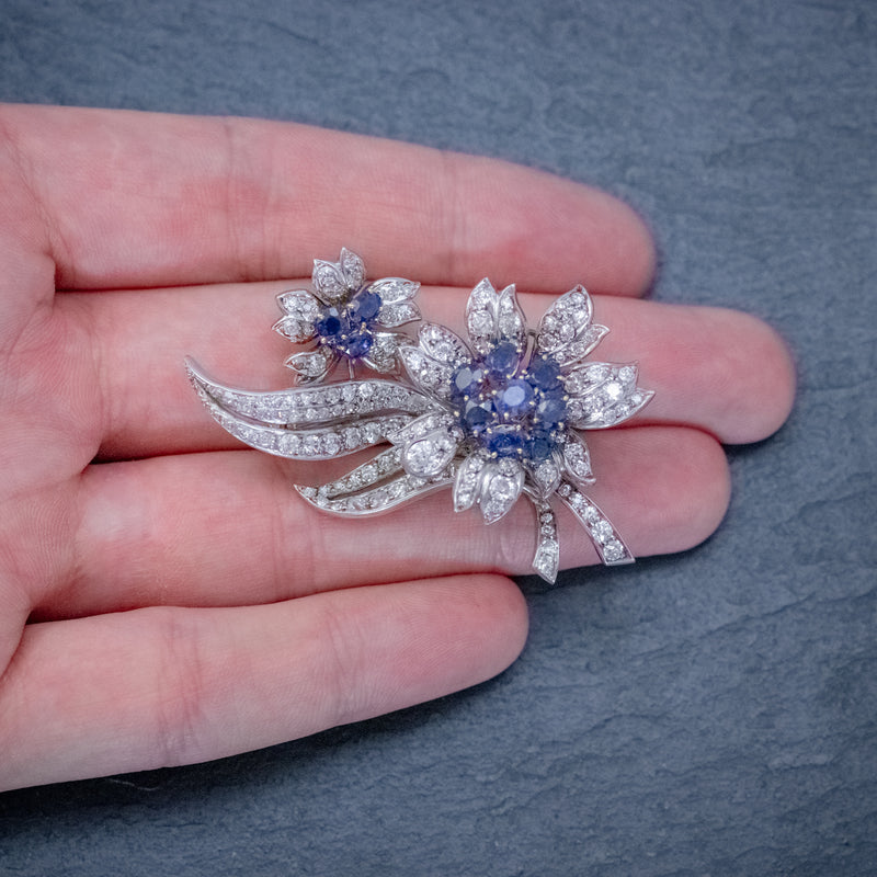 VINTAGE SAPPHIRE DIAMOND SPRAY FLOWER BROOCH 18CT GOLD 4CT OF DIAMONDS CIRCA 1960 HAND