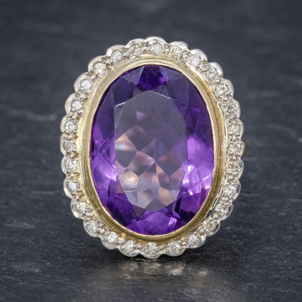 Vintage 12ct Amethyst Diamond Cocktail Ring 18ct Gold Dated 1989 FRONT