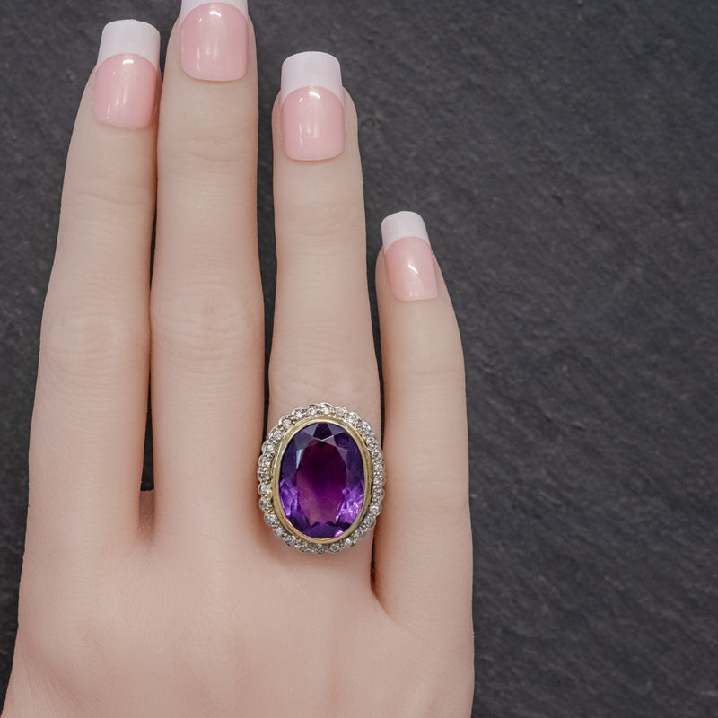 Vintage 12ct Amethyst Diamond Cocktail Ring 18ct Gold Dated 1989 HAND