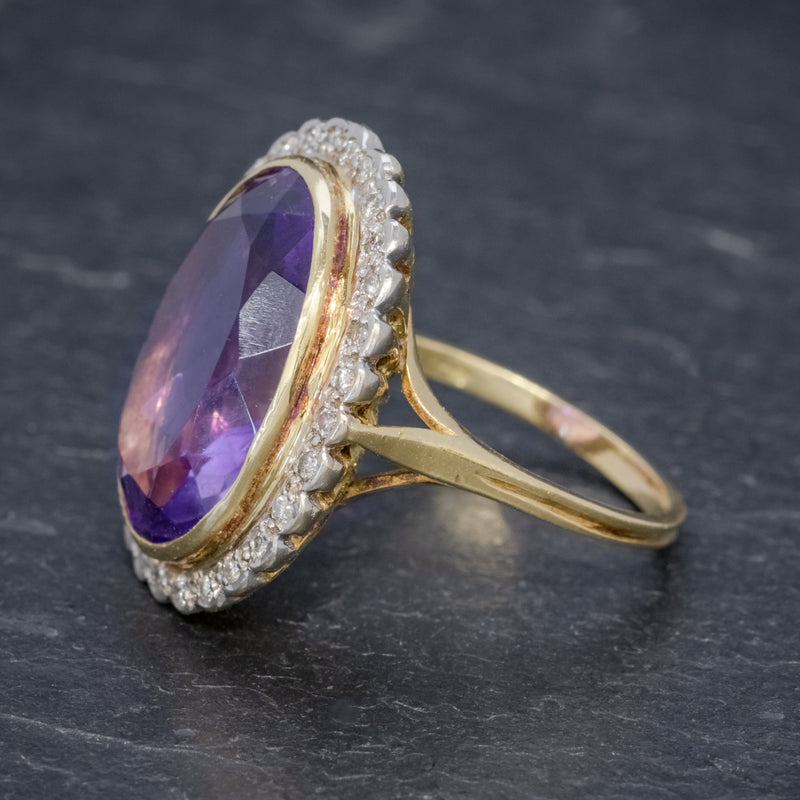 Vintage 12ct Amethyst Diamond Cocktail Ring 18ct Gold Dated 1989 SIDE