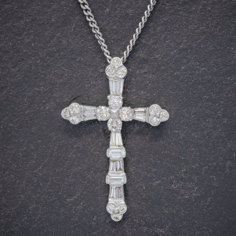 VINTAGE DIAMOND CROSS NECKLACE 18CT WHITE GOLD CHAIN FRONT