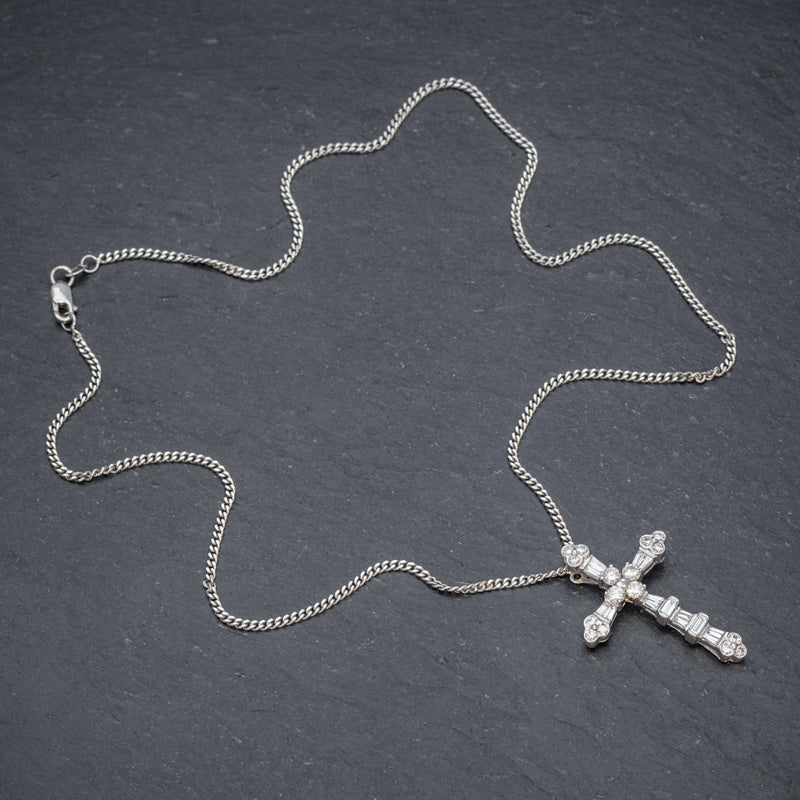 VINTAGE DIAMOND CROSS NECKLACE 18CT WHITE GOLD CHAIN  TOP