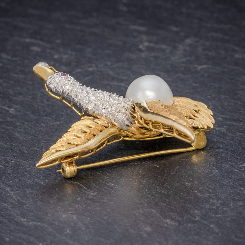 Vintage Diamond Swan Brooch 18ct Gold 2.50ct Diamond Pearl Egg Circa 1950  side