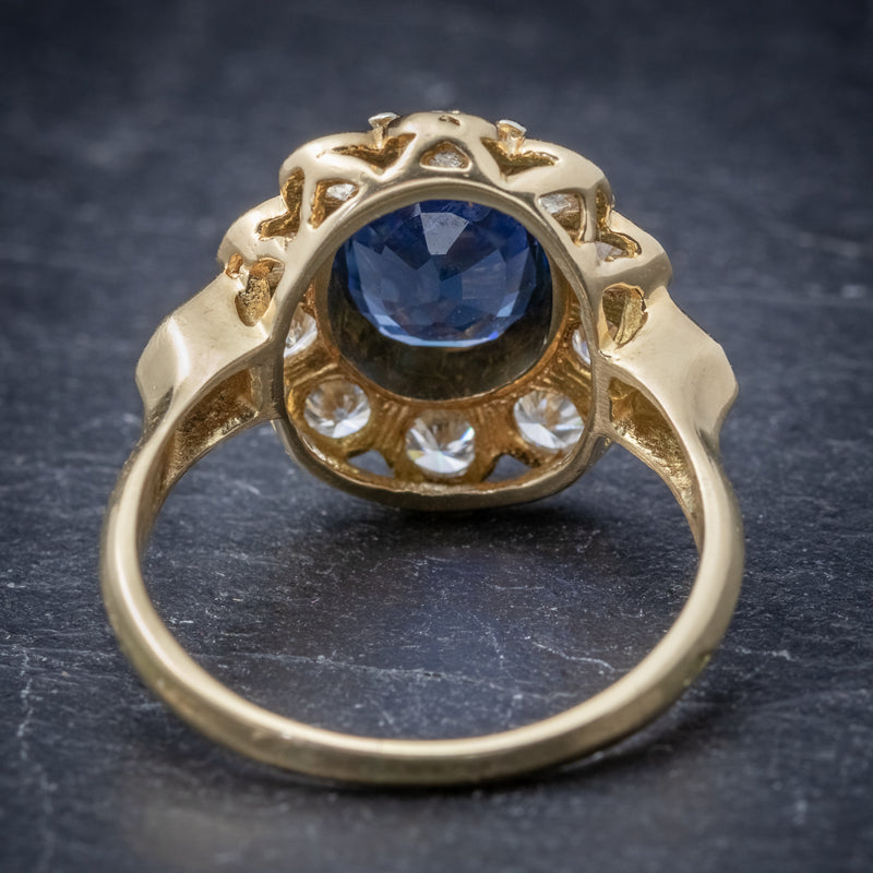 Vintage French Sapphire Diamond Cluster Ring 18ct Gold 3.80ct Sapphire BACK