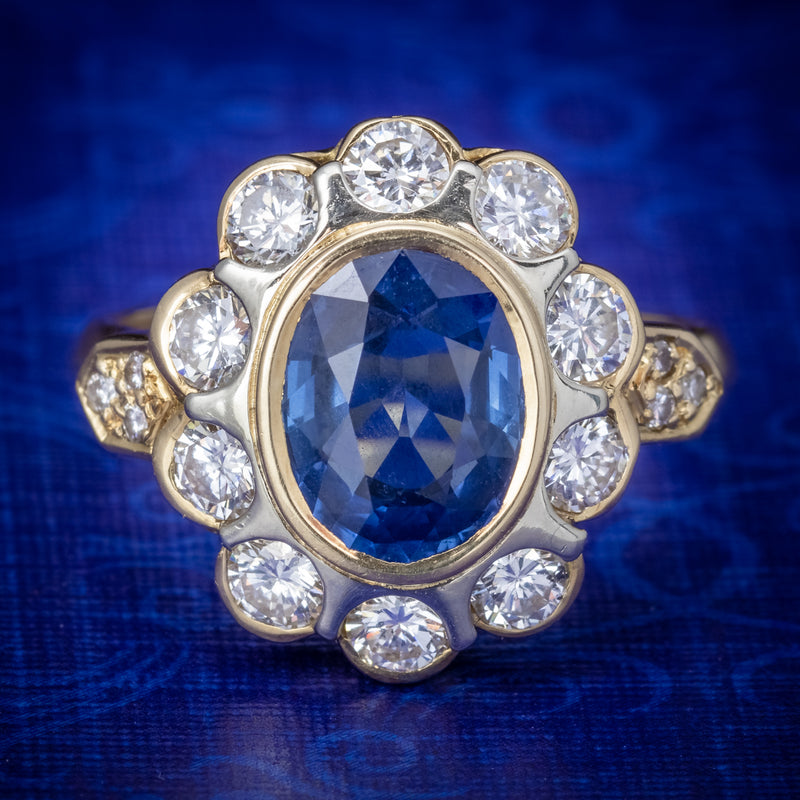 Vintage French Sapphire Diamond Cluster Ring 18ct Gold 3.80ct Sapphire COVER