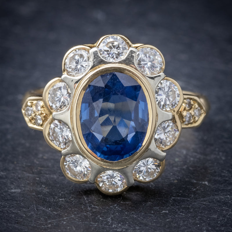 Vintage French Sapphire Diamond Cluster Ring 18ct Gold 3.80ct Sapphire FRONT