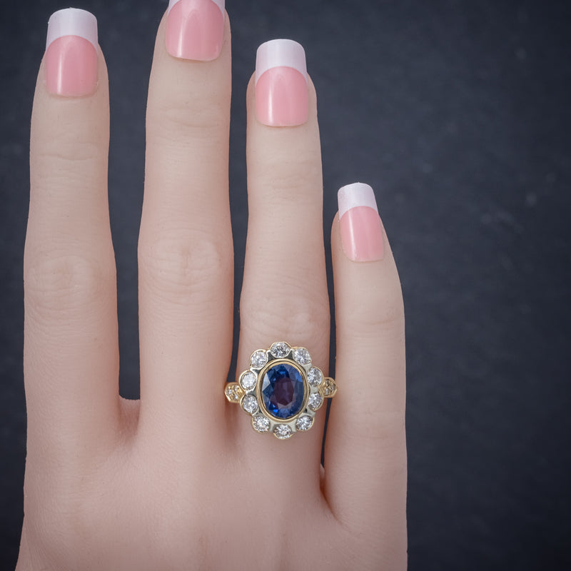 Vintage French Sapphire Diamond Cluster Ring 18ct Gold 3.80ct Sapphire