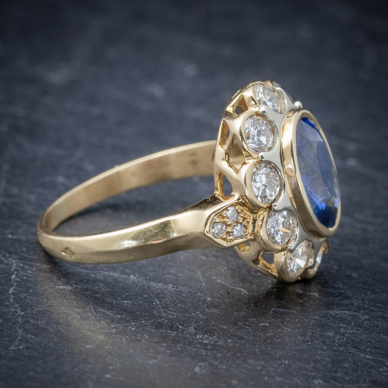 Vintage French Sapphire Diamond Cluster Ring 18ct Gold 3.80ct Sapphire SIDE 2