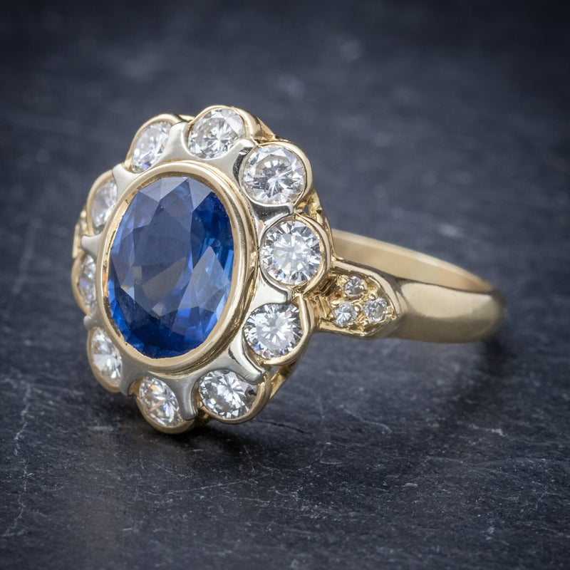 Vintage French Sapphire Diamond Cluster Ring 18ct Gold 3.80ct Sapphire SIDE