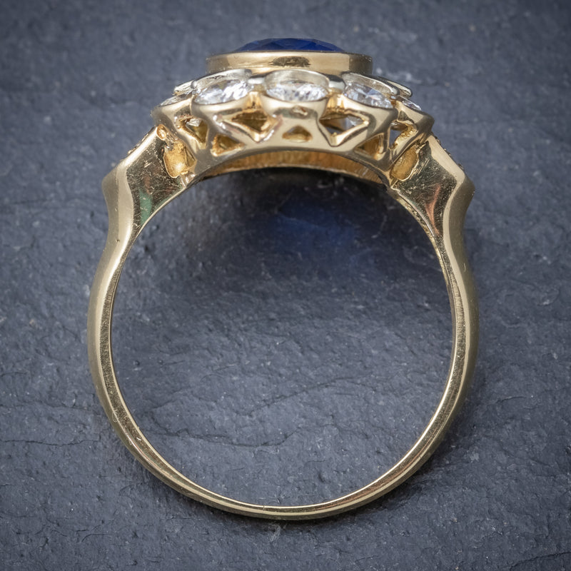 Vintage French Sapphire Diamond Cluster Ring 18ct Gold 3.80ct Sapphire TOP
