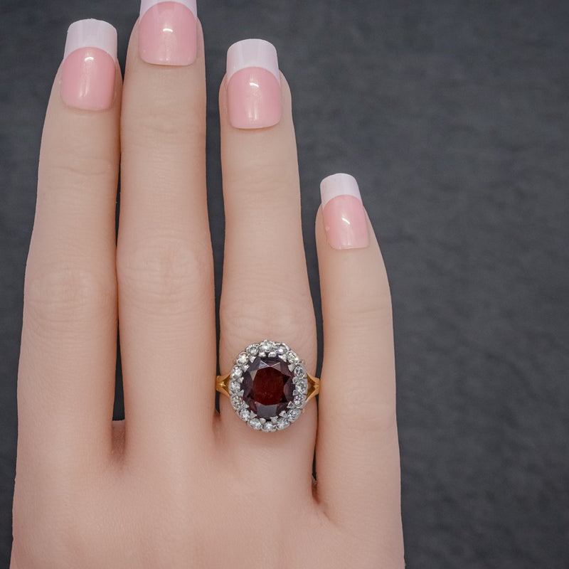 Vintage Garnet Diamond Cluster Ring 18ct Gold 5ct Garnet HAND