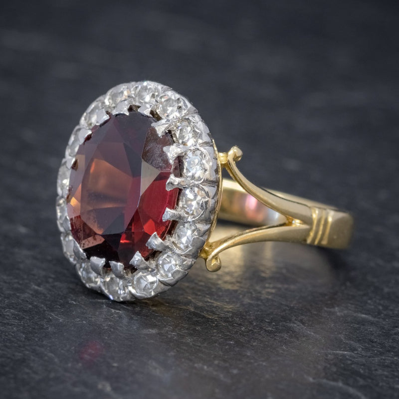 Vintage Garnet Diamond Cluster Ring 18ct Gold 5ct Garnet SIDE