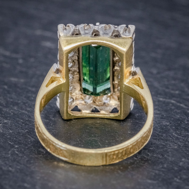 VINTAGE GREEN TOURMALINE DIAMOND RING 18CT GOLD DATED 1975 BACK