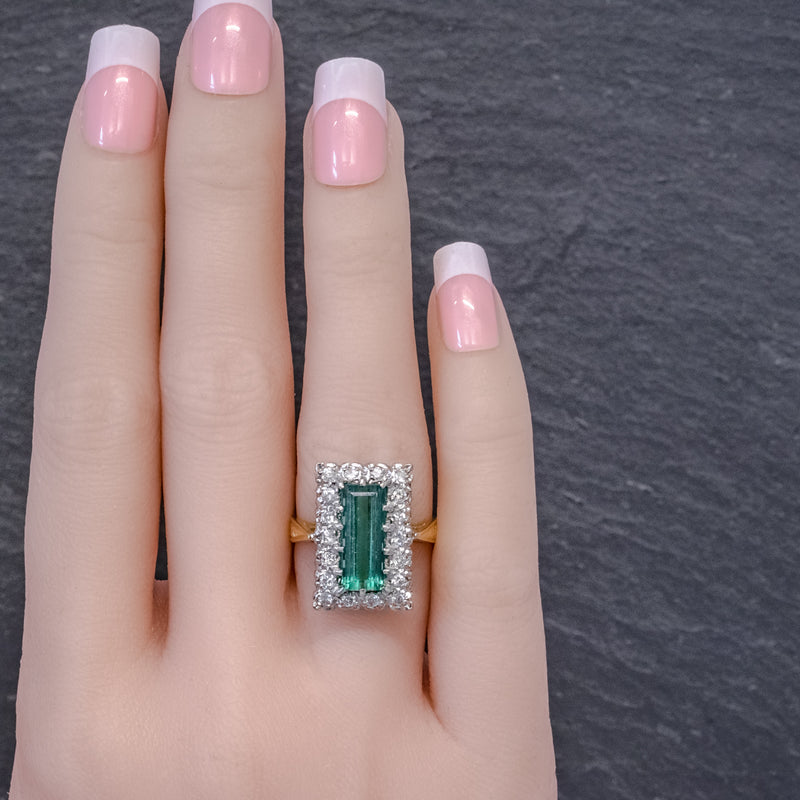 VINTAGE GREEN TOURMALINE DIAMOND RING 18CT GOLD DATED 1975 HAND