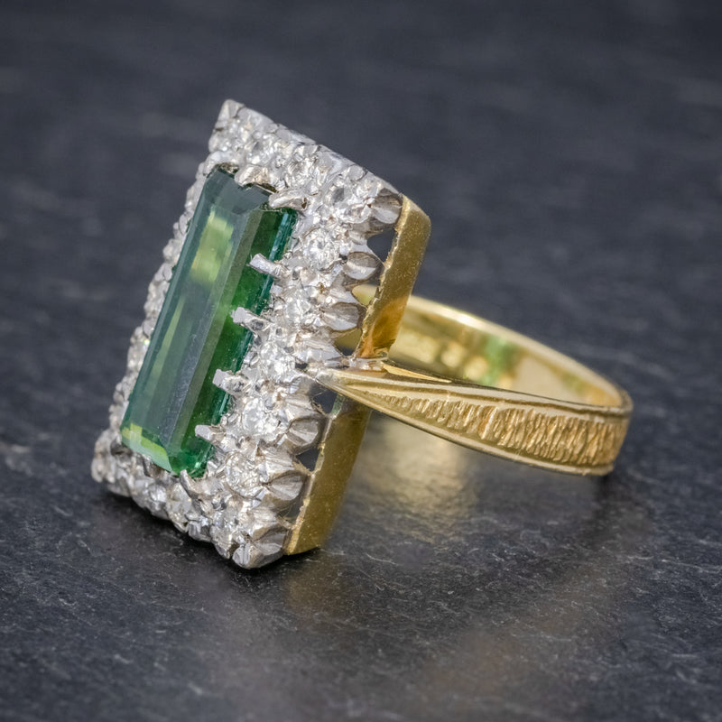 VINTAGE GREEN TOURMALINE DIAMOND RING 18CT GOLD DATED 1975 SIDE