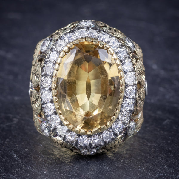 Vintage Large Citrine Ring 9ct Gold Ornate Gallery Circa 1960 front