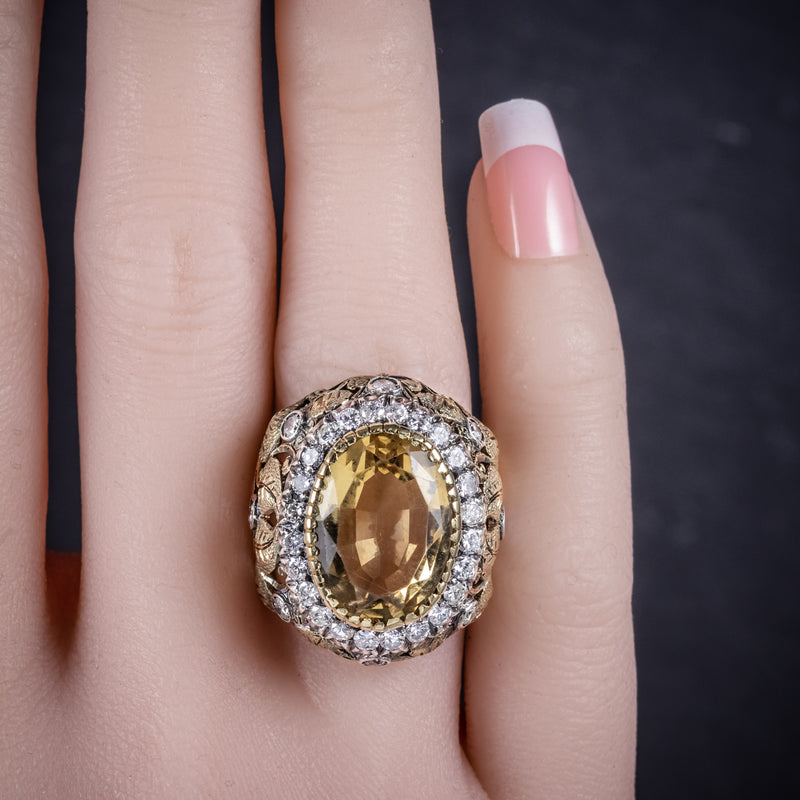 Vintage Large Citrine Ring 9ct Gold Ornate Gallery Circa 1960 hand
