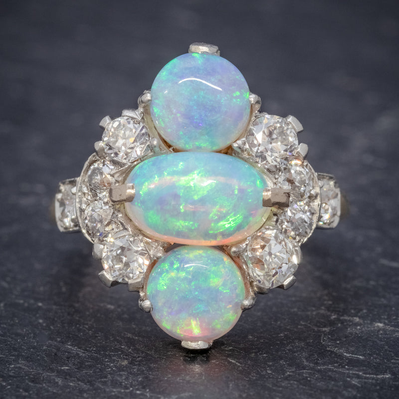 VINTAGE OPAL CLUSTER RING 14CT GOLD PLATINUM 5CT OPAL CIRCA 1930 FRONT