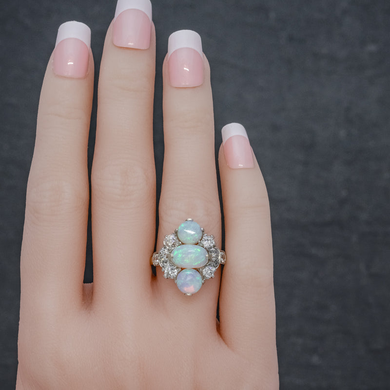 VINTAGE OPAL CLUSTER RING 14CT GOLD PLATINUM 5CT OPAL CIRCA 1930 HAND