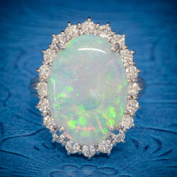 VINTAGE OPAL DIAMOND CLUSTER RING PLATINUM 10CT OPAL COVER