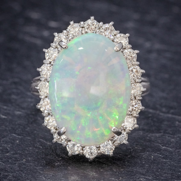 VINTAGE OPAL DIAMOND CLUSTER RING PLATINUM 10CT OPAL  FRONT