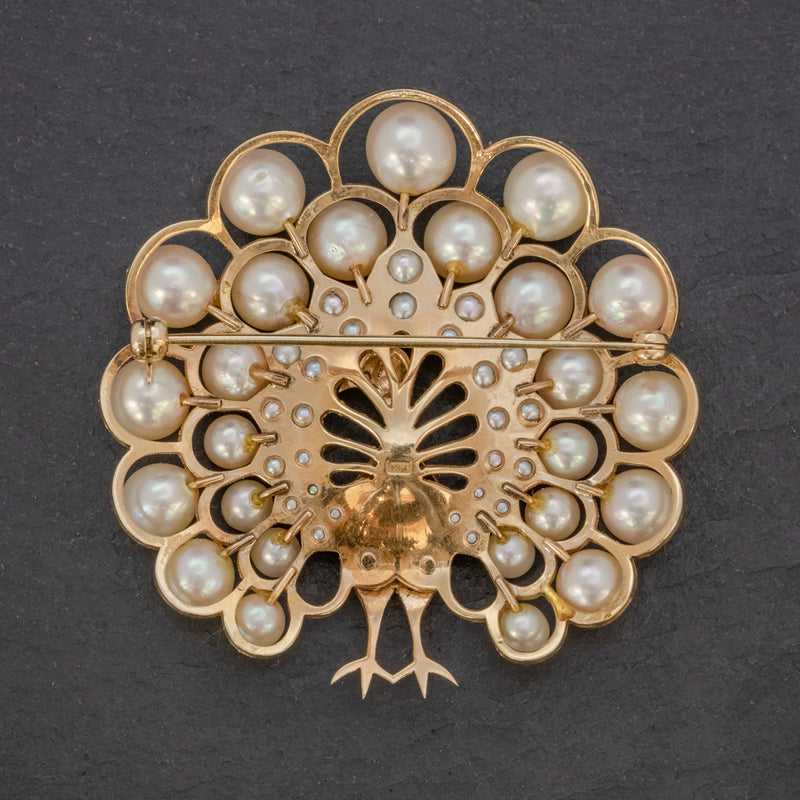 VINTAGE PEARL PEACOCK BROOCH 14CT GOLD BACK