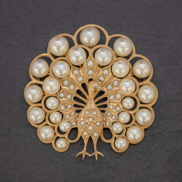 VINTAGE PEARL PEACOCK BROOCH 14CT GOLD FRONT
