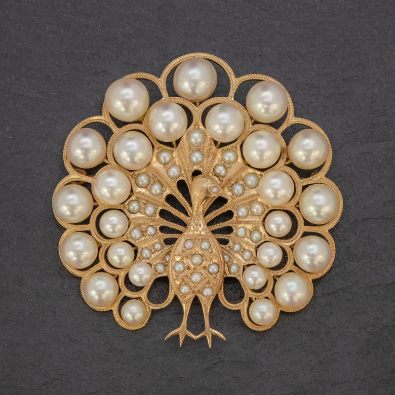 VINTAGE PEARL PEACOCK BROOCH 14CT GOLD FRONT