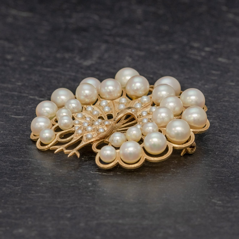 VINTAGE PEARL PEACOCK BROOCH 14CT GOLD SIDE