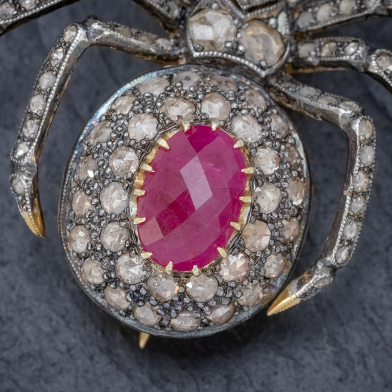 VINTAGE SPIDER PENDANT NECKLACE 2.80CT RUBY 18CT GOLD SILVER BROOCH CLOSE