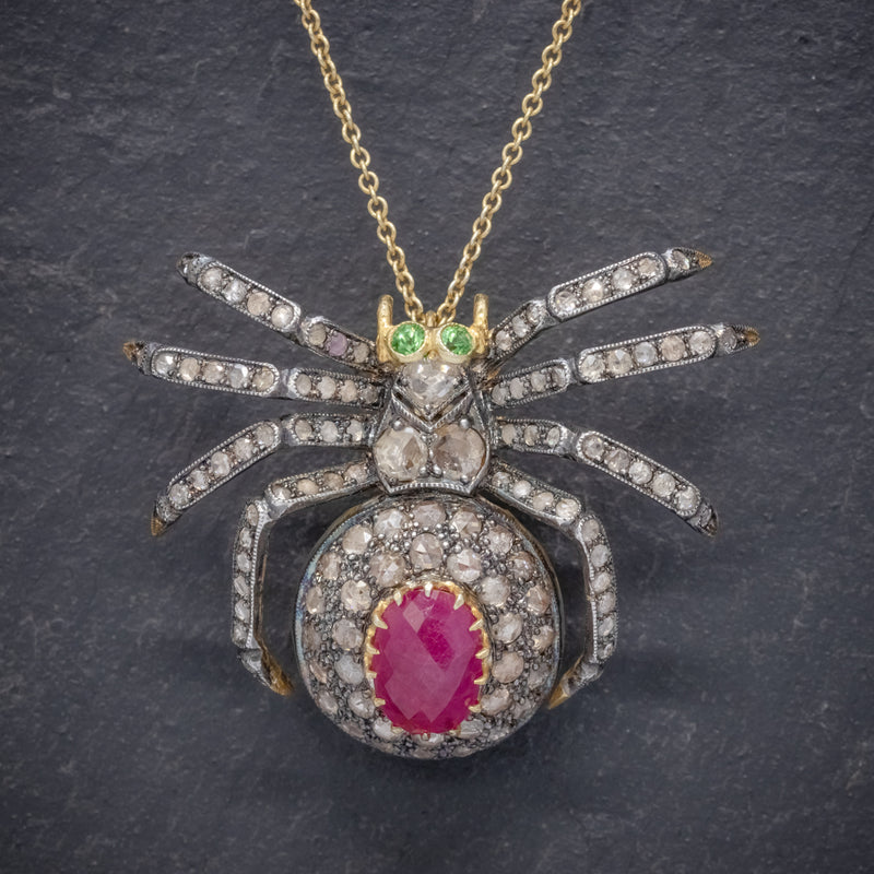 VINTAGE SPIDER PENDANT NECKLACE 2.80CT RUBY 18CT GOLD SILVER BROOCH FRONT