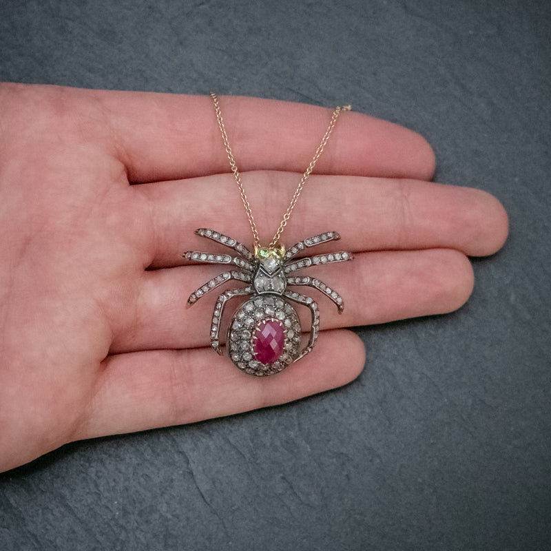 VINTAGE SPIDER PENDANT NECKLACE 2.80CT RUBY 18CT GOLD SILVER BROOCH HAND