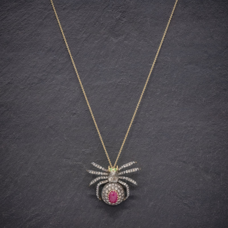 VINTAGE SPIDER PENDANT NECKLACE 2.80CT RUBY 18CT GOLD SILVER BROOCH NECK