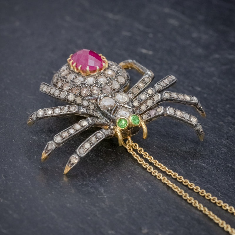 VINTAGE SPIDER PENDANT NECKLACE 2.80CT RUBY 18CT GOLD SILVER BROOCH SIDE