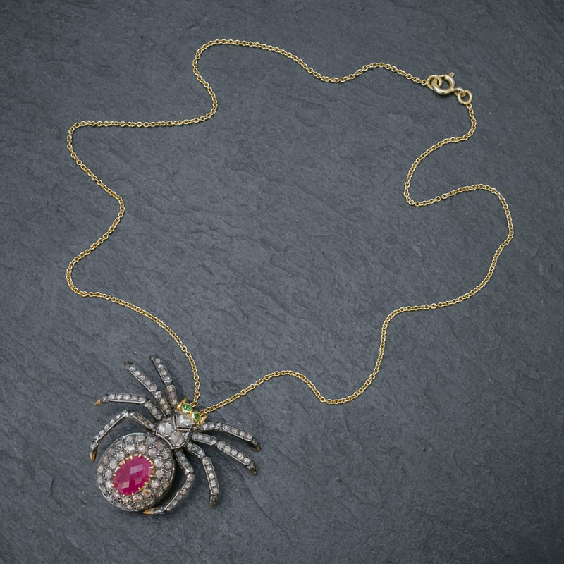 VINTAGE SPIDER PENDANT NECKLACE 2.80CT RUBY 18CT GOLD SILVER BROOCH TOP