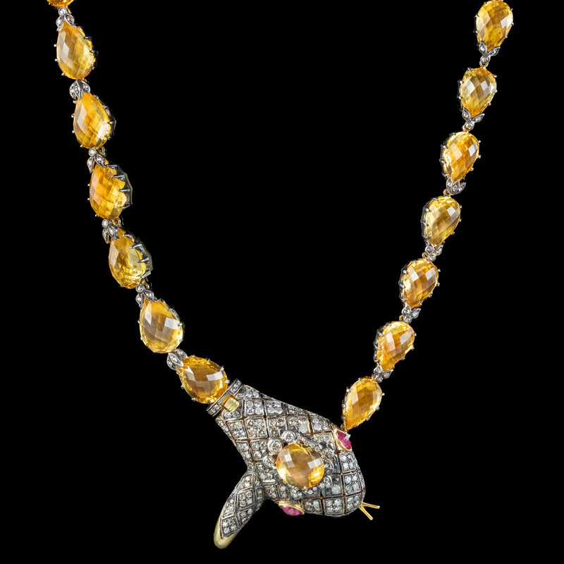 Victorian Style Citrine Diamond Riviere Snake Necklace 156ct Of Citrine